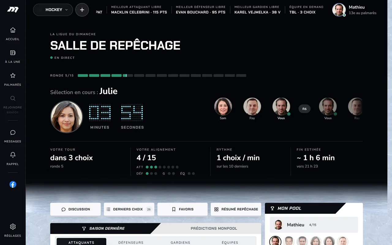 La salle de repêchage de MonPool : la personne au bâton, le chrono en pastilles, la file des prochains, votre tour, votre alignement, le catalogue des joueurs